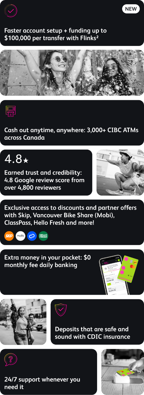 3,000+ CIBC ATMs. 24/7 support. Faster account setup + funding up to $100,000 per transfer with Flinks2. $0 monthly fee daily banking. Discounts and partner offers with Skip, Vancouver Bike Share (Mobi), ClassPass, Hello Fresh and more! 4.8 Google review score from over 4,800 reviewers. Deposits that are safe and sound with CDIC insurance.