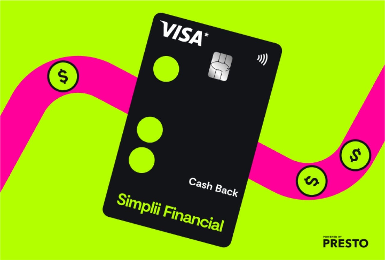 A Simplii Financial Credit card is on top of a track illustration with a Powered by PRESTO logo.