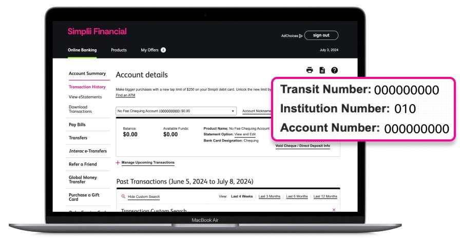 A laptop showing account details with a pop up of a magnified transit number, institution number, and account number on the right.