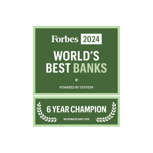 Forbes 2024 World’s Best Banks badge. Powered by Statista. Six year champion recognized since 2019.