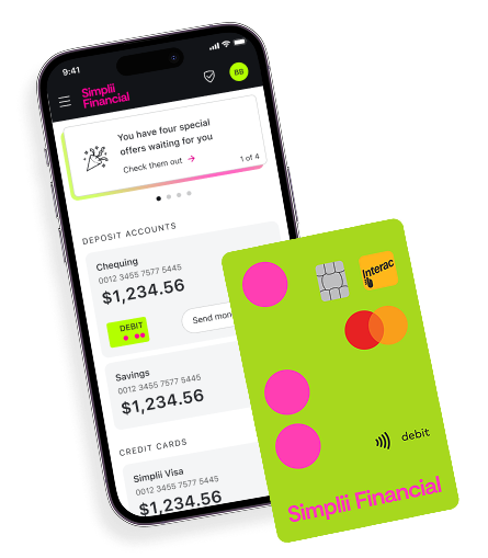  A mobile phone showing the Simplii Financial app accounts dashboard. A Simplii Financial Debit Mastercard overlays on top.