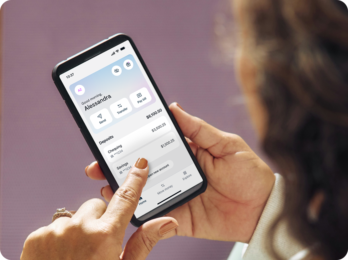  A mobile phone showing the Simplii Financial app accounts dashboard. A Simplii Financial Debit Mastercard overlays on top.