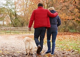 A couple walking their dog in the park