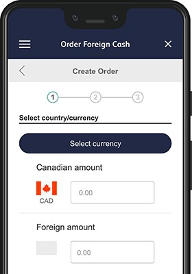 Smartphone displaying the Order Foreign Cash start screen on the mobile banking app
