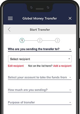  Smartphone displaying the Global Money Transfer start screen on the mobile banking app