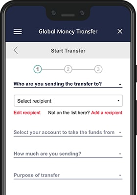 Smartphone displaying the Global Money Transfer start screen on the mobile banking app