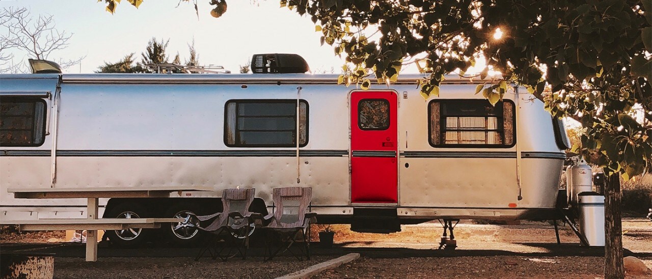 A vintage camper parked near a tree.