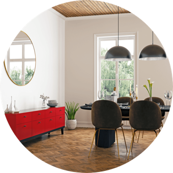 Dining room with table, chairs and cabinet