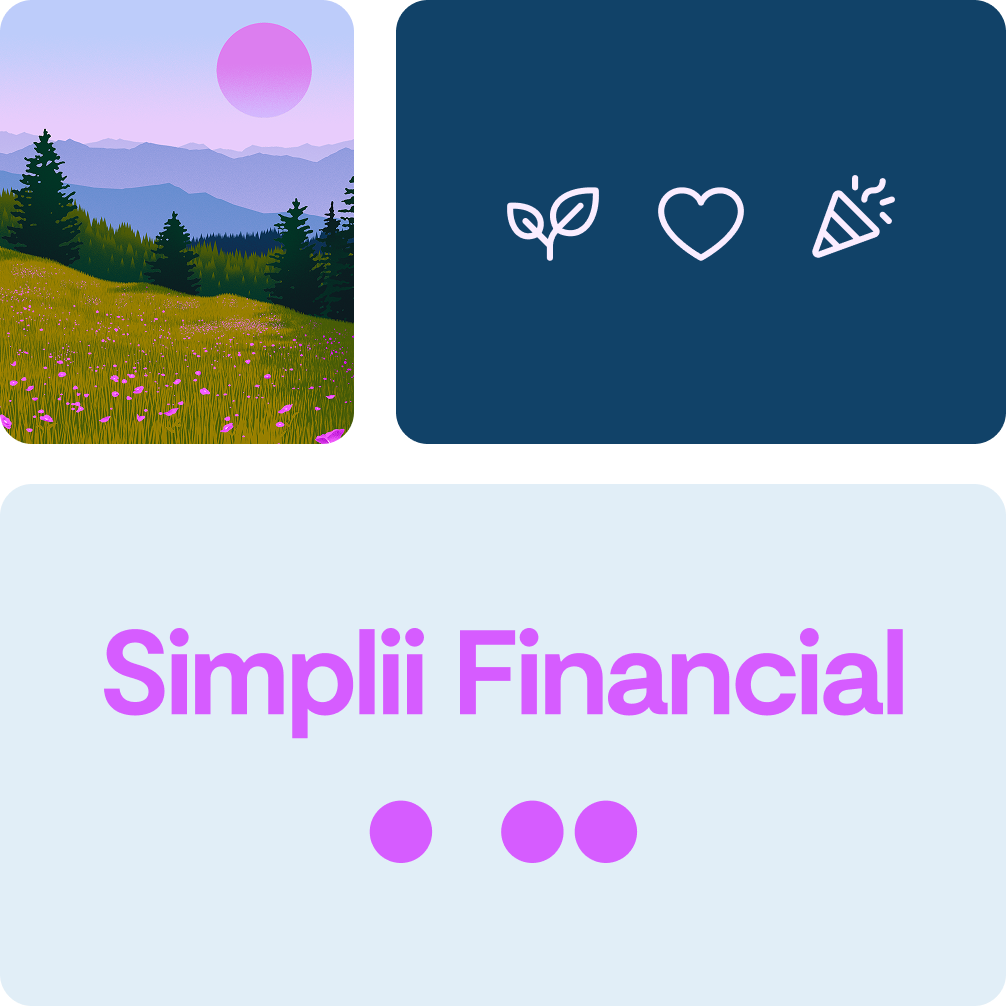Carousel showcasing Simplii’s new brand identity. Left side features a scenic mountain landscape with pink sun, evergreen trees, and wildflower meadow. Right side displays three new brand icons on a dark teal background: a leaf, a heart, and a feather. Bottom displays Simplii Financial logo in magenta.