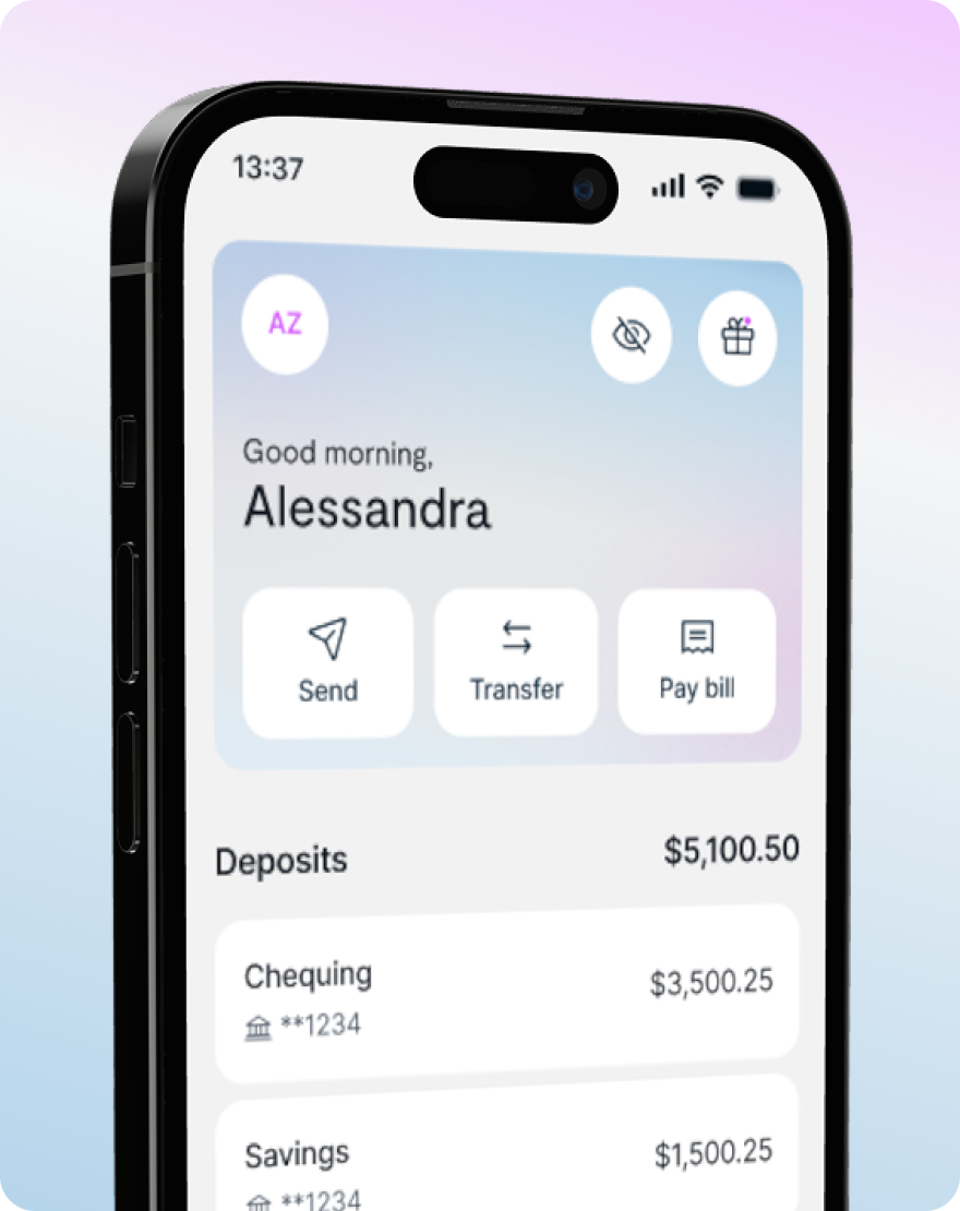 Mobile banking app home screen showing account balances and options to send, transfer, or pay bills.
