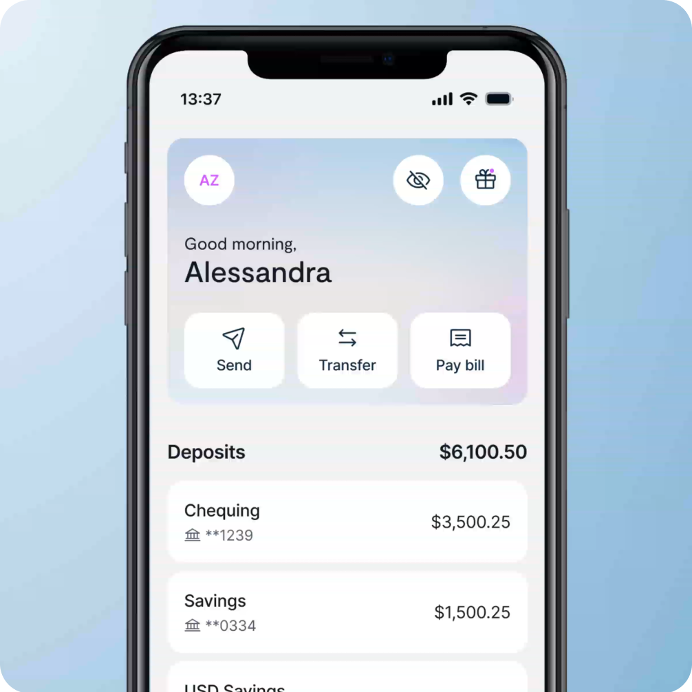 Simplii mobile banking app home screen showing account balances and options to send, transfer, or pay bills.