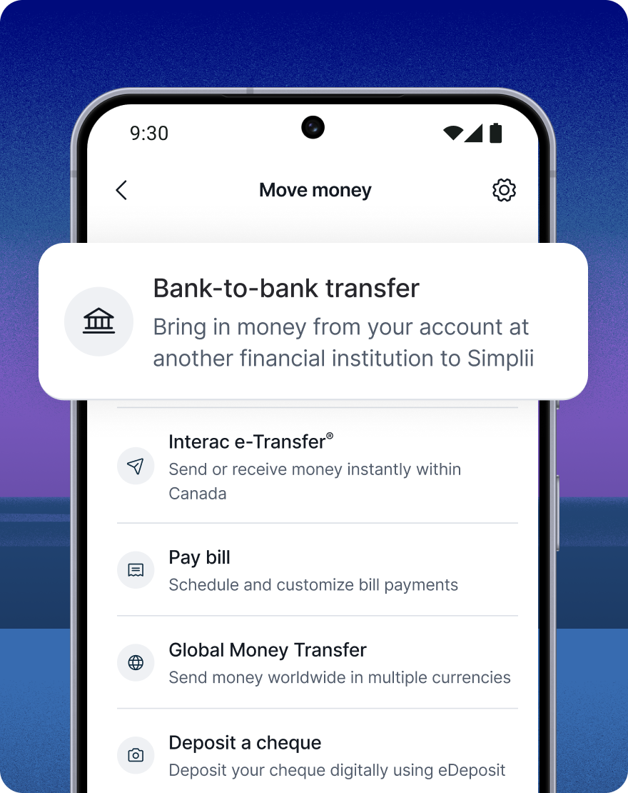 Mobile app showing Simplii’s 'Move money' menu with options for bank transfers, Interac e-Transfer, bill payments, global transfers, and cheque deposits.