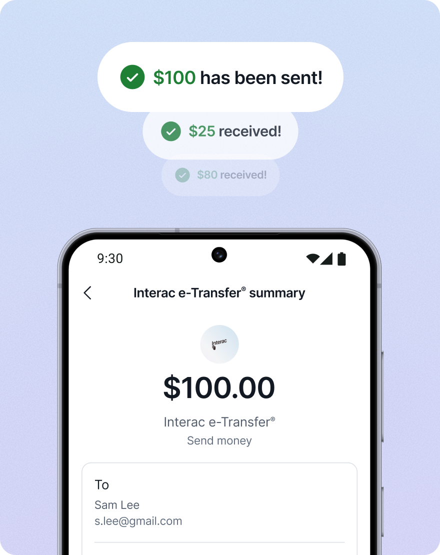 Mobile banking app showing money transfer options, including bank-to-bank transfer and Interac e-Transfer.