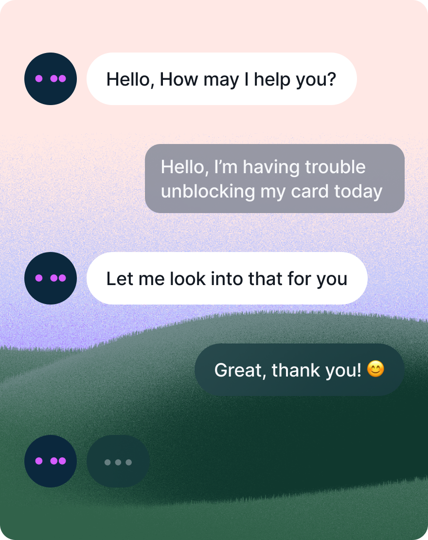 Chat conversation with a virtual assistant helping resolve a card access issue.