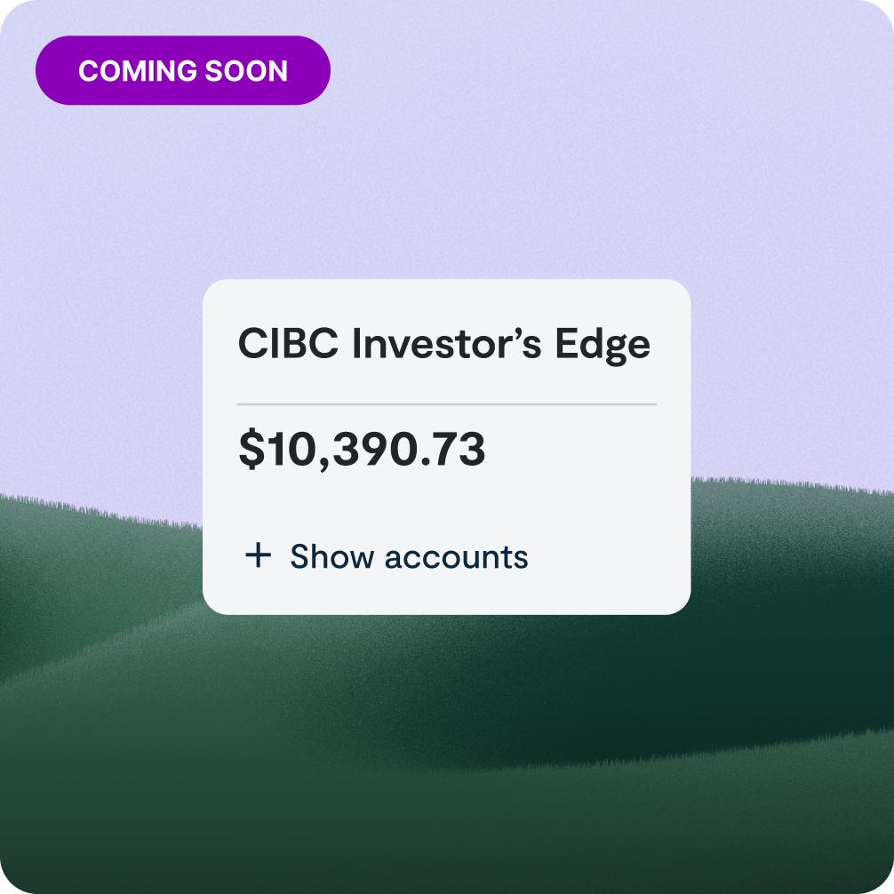CIBC Investor's Edge account balance card labeled as an upcoming Simplii app feature with a “coming soon” tag.