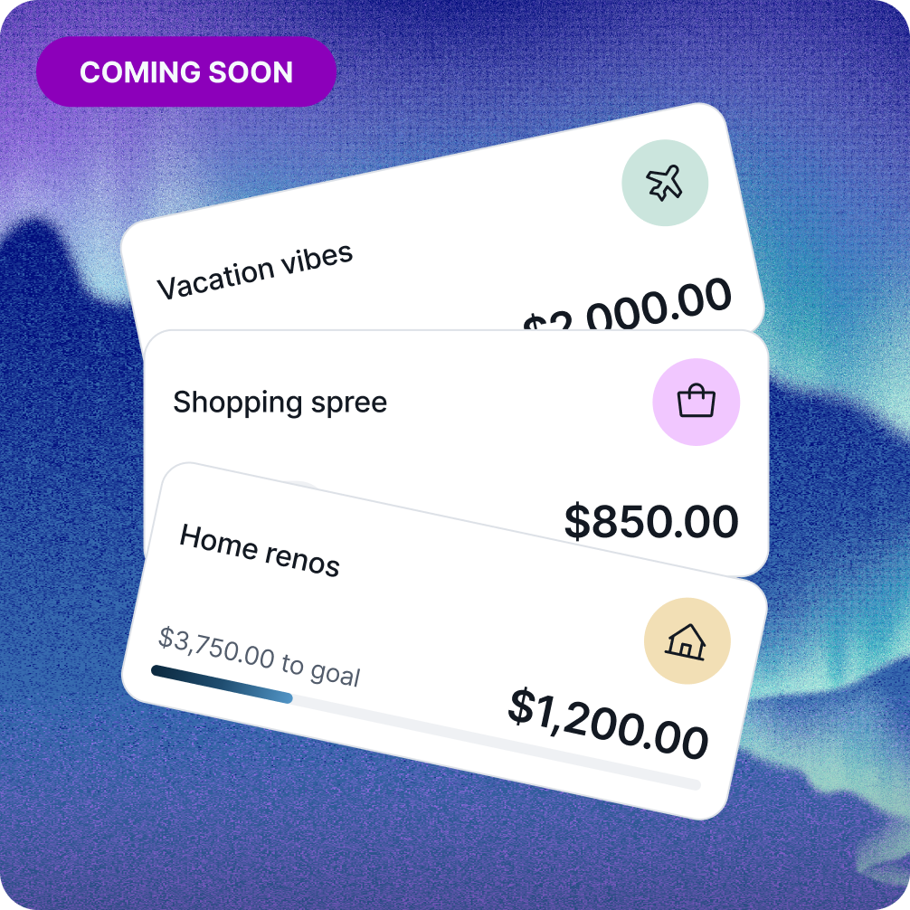 Multiple savings goals cards showing progress toward travel, shopping, and home renovation goals with a “coming soon” tag.